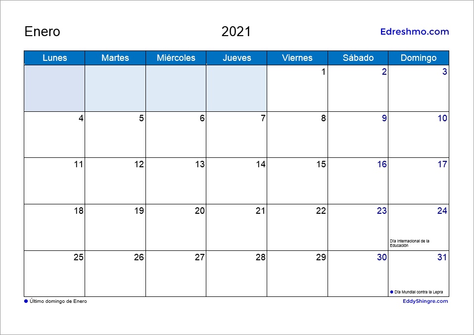 Calendario 2021 Días Mundiales